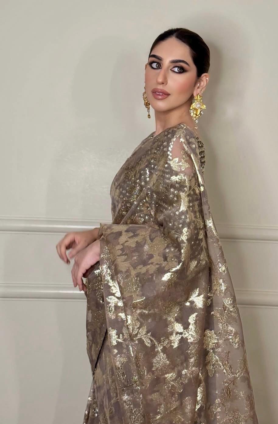 Indian Wedding Saree, Brown & Gold Sequins Embroidered Net Saree