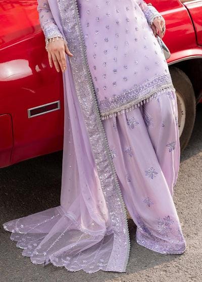 Embroidered Chiffon Farshi Shalwar Kameez, Lilac Indian Wedding Suit