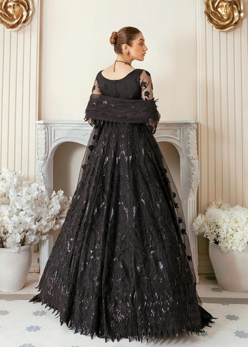 Black Embroidered Net Maxi Gown: Pakistani Wedding Reception Dress
