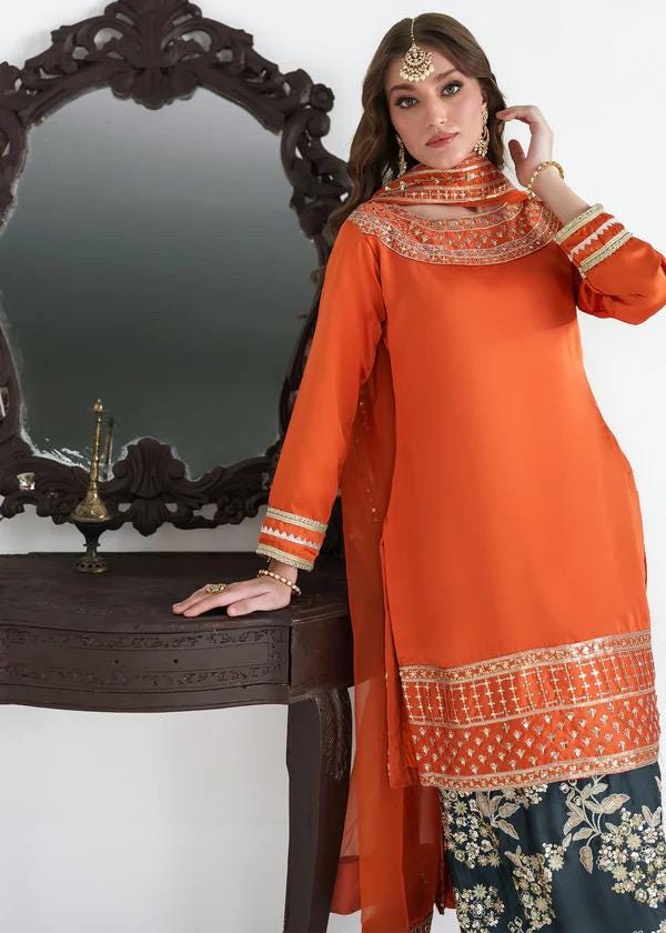 Embroidered Silk Shalwar Suit, Orange Chiffon Farshi Dress, Organza Dupatta