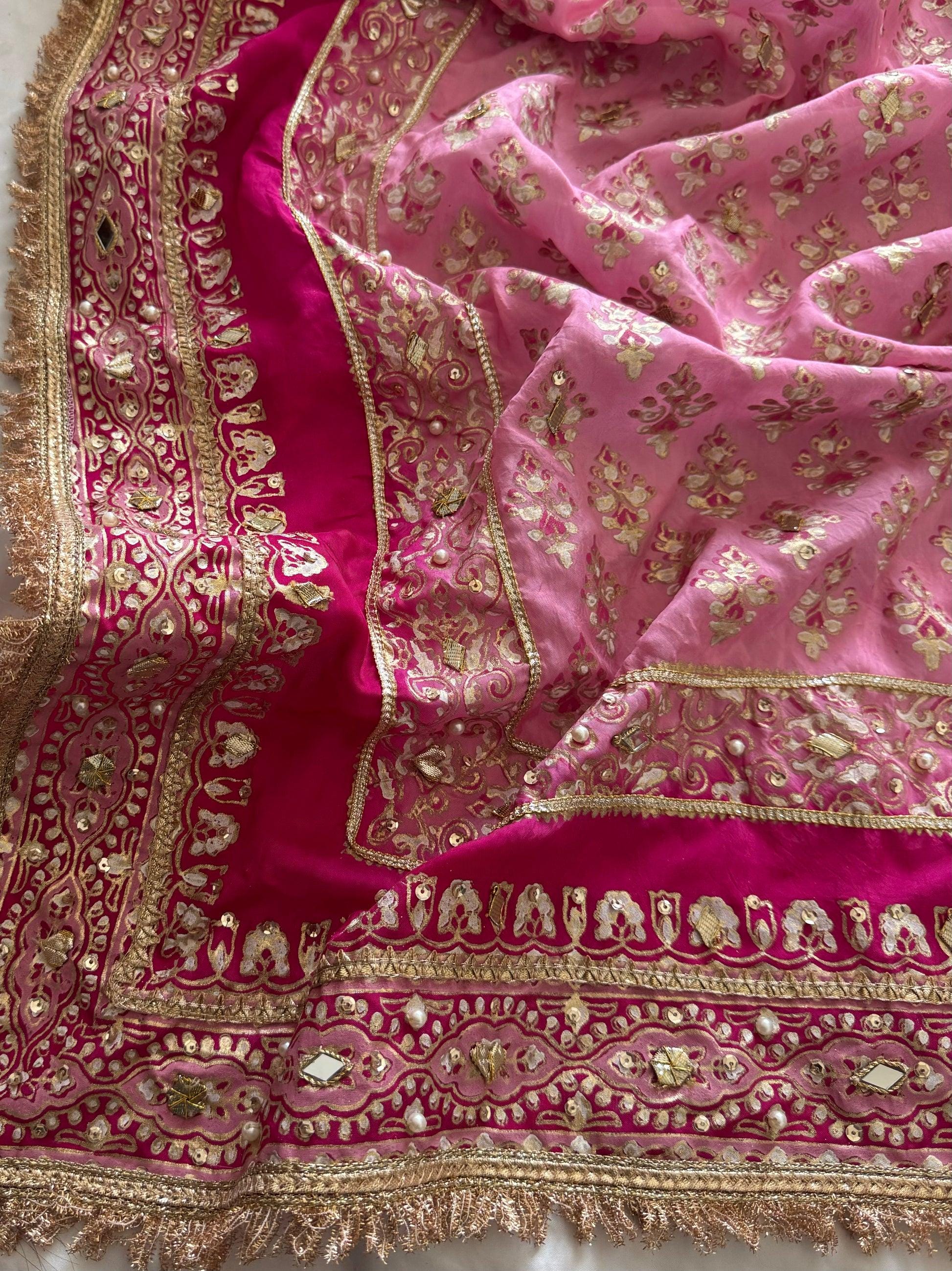 Pink Kamdani Silk Bridal Dupatta: Pakistani Indian Shawl