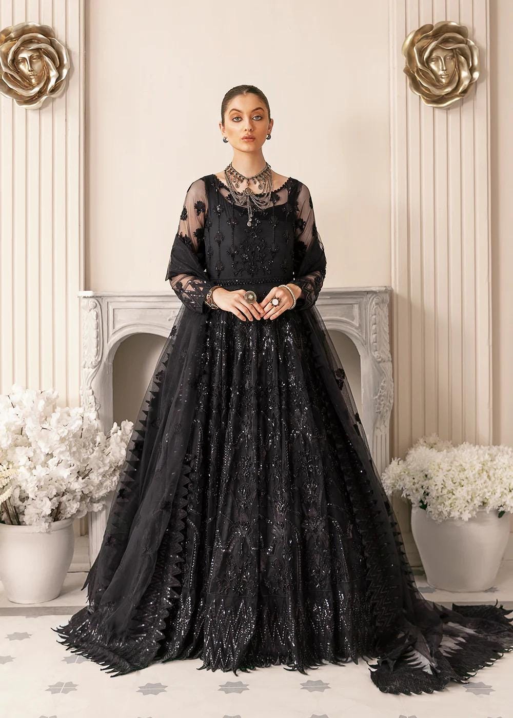 Black Embroidered Net Maxi Gown: Pakistani Wedding Reception Dress