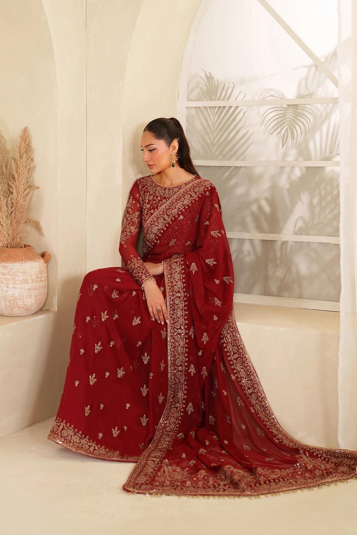 Red Chiffon Saree, Sequins Embroidered Indian Party Wear
