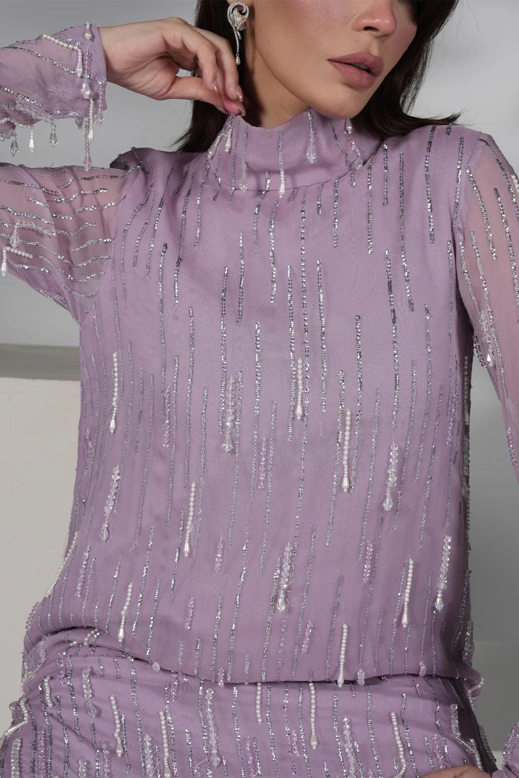 Lilac Chiffon Pakistani Outfit, Embroidered Kameez Shalwar, Pearl Work