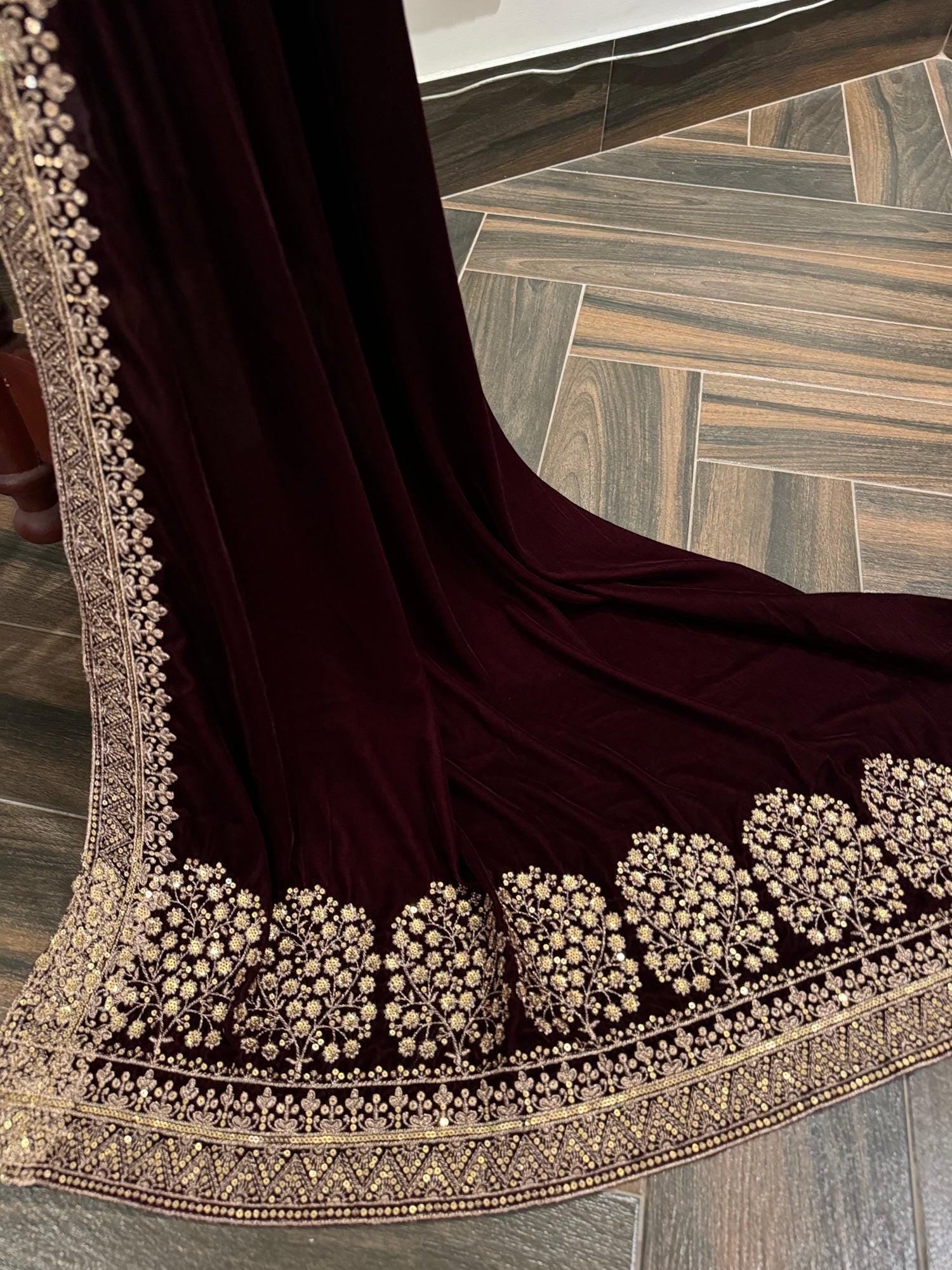 Maroon/black, brown Velvet Bridal Shawl: Embroidered Wedding Duppata