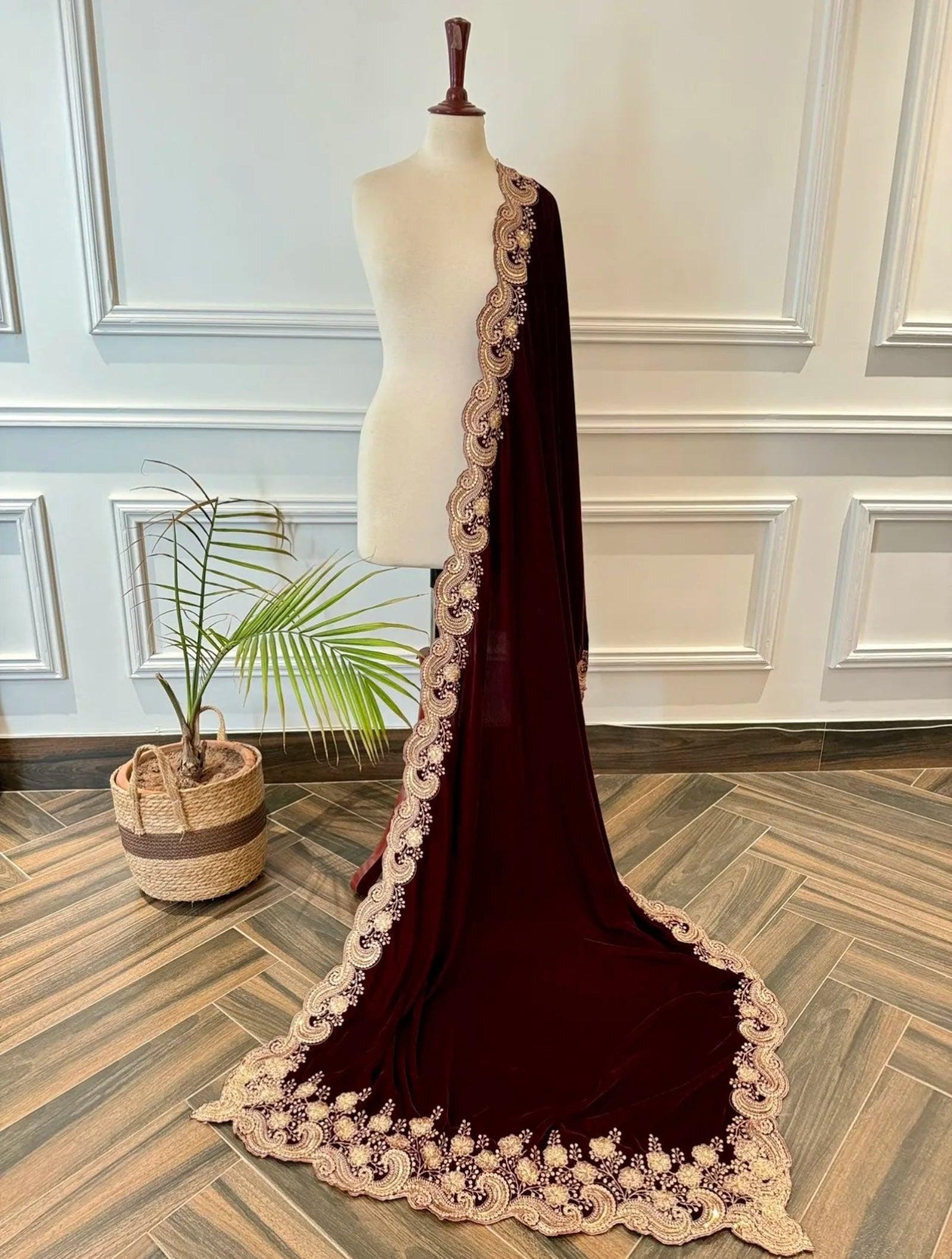 Luxury Black Velvet Shawl – Hand-Embellished Sequins, Tila Work, Formal Wrap