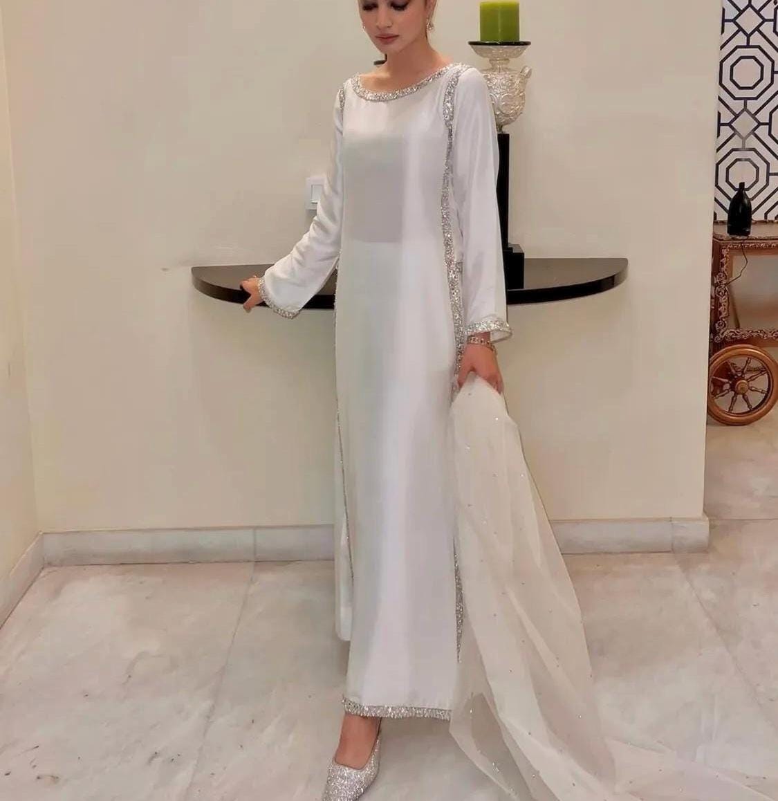 White Beaded Pakistani Dress: Hand Embroidered Silk Suit/pakistani formal dress/white shirt trouser pakostani/modest indian dress/shadi/