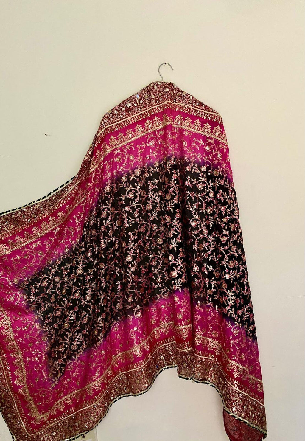 Black Silk Suit with Three-Shaded Chunari Dupatta: Mukesh Work, Golden Border