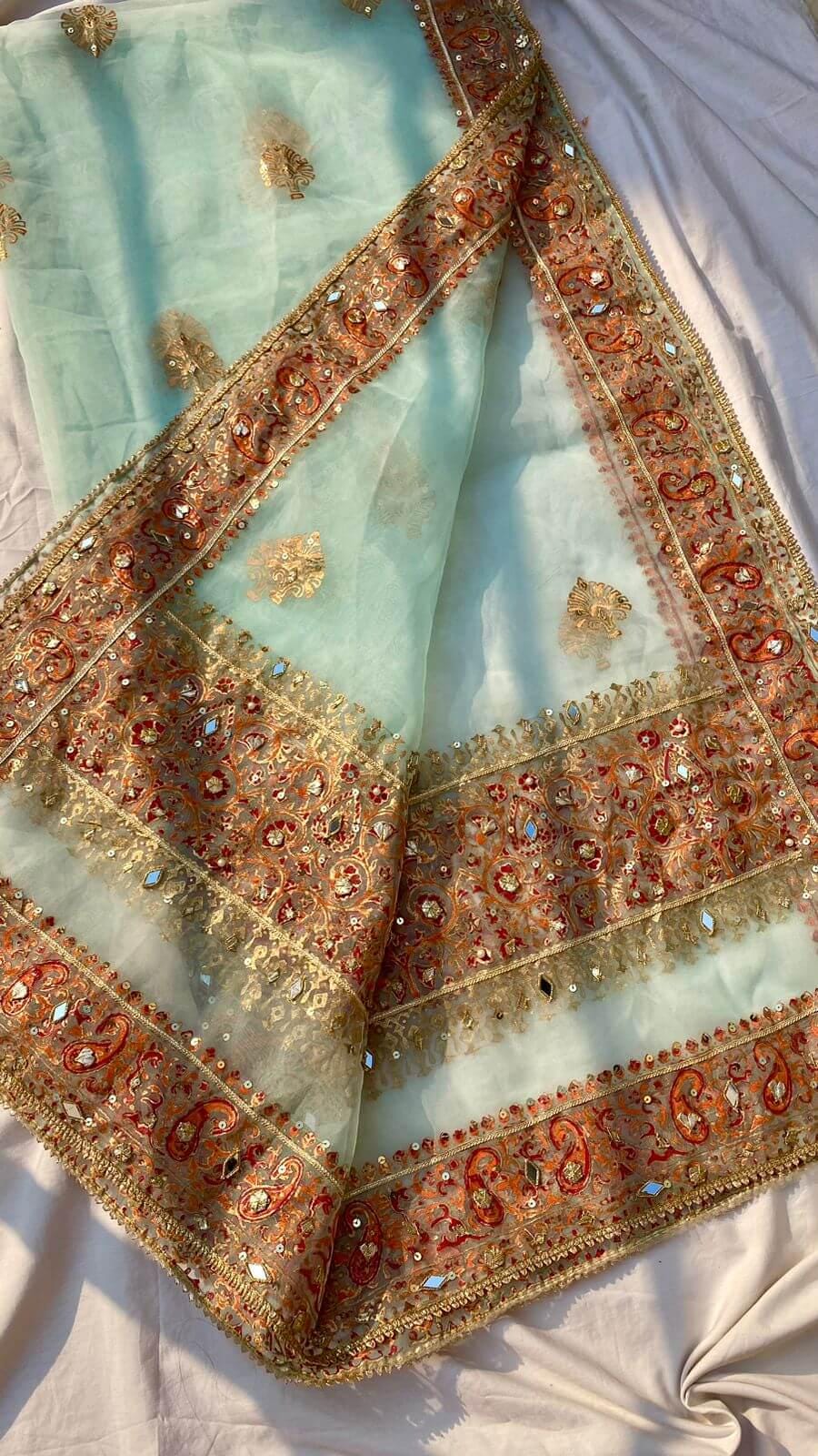Ice Blue Organza Dupatta: Pakistani Bridal Shawl with Gotta Work