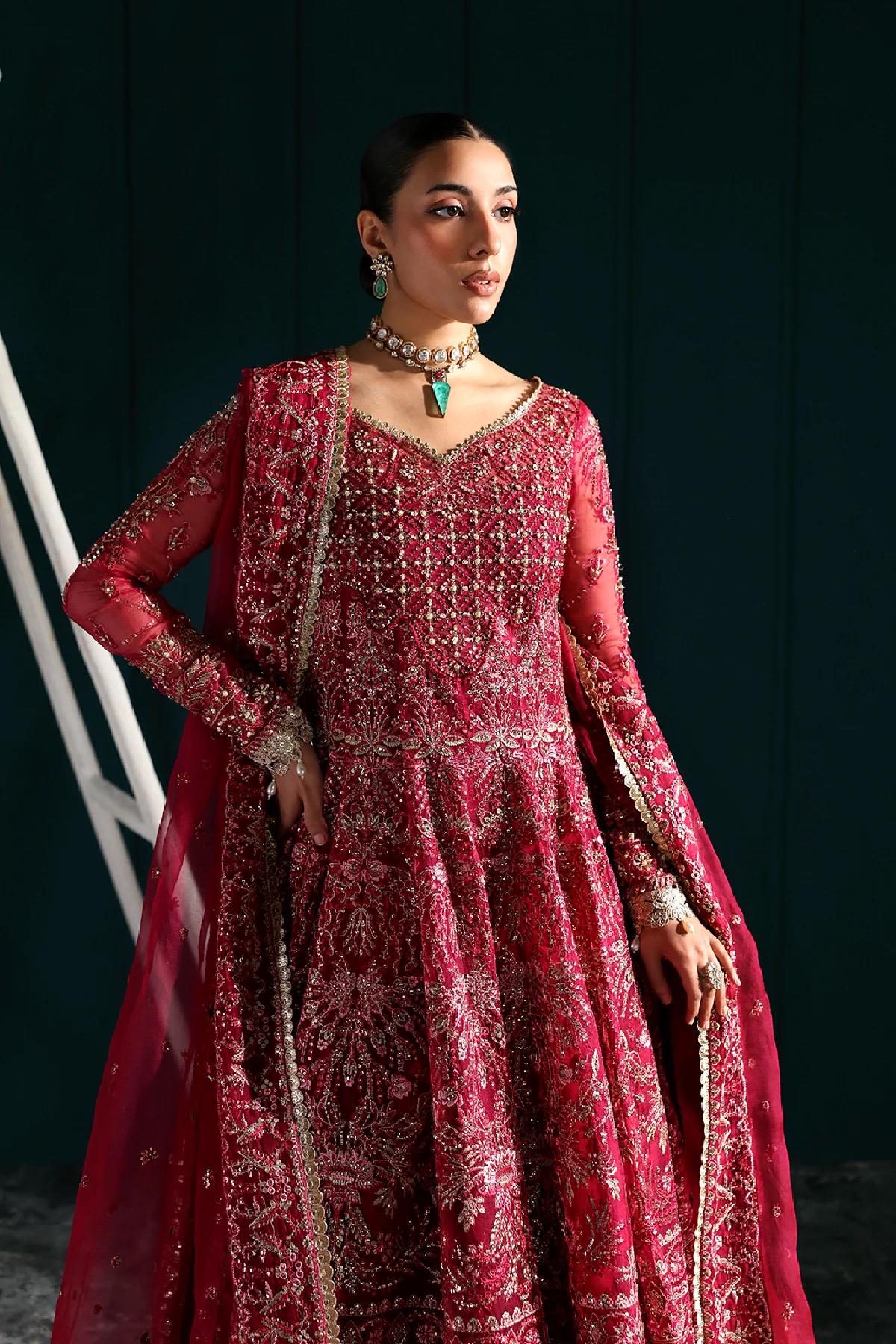 Fuchsia Embroidered Kamdani Maxi Dress: Pakistani Bridal Lengha