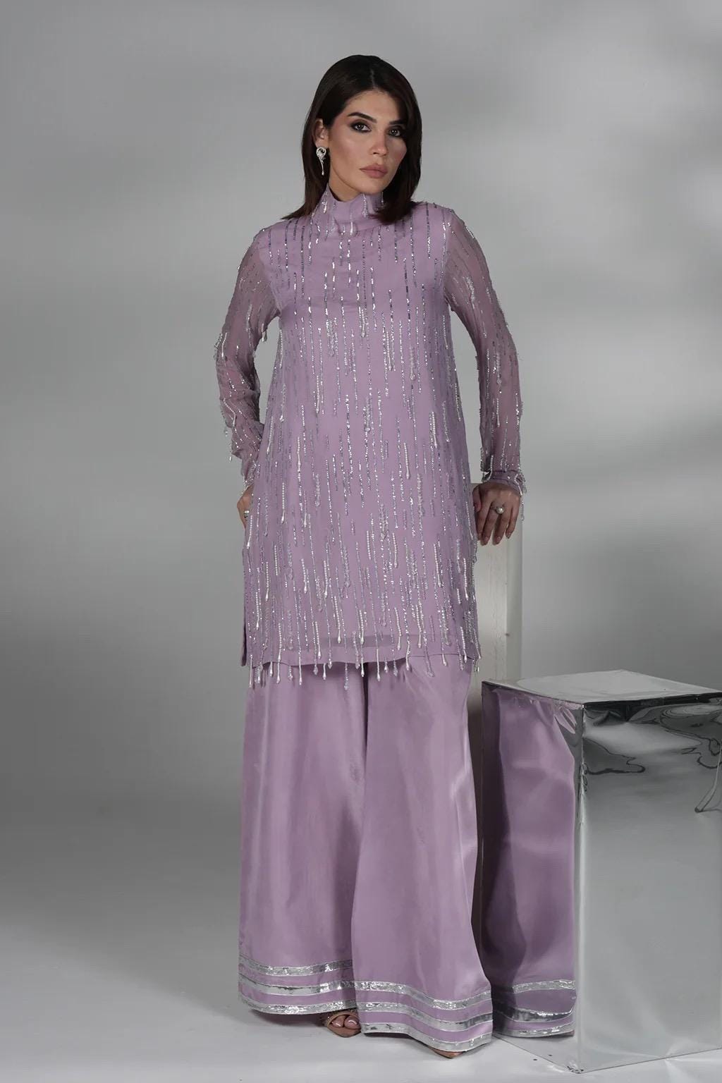 Lilac Chiffon Pakistani Outfit, Embroidered Kameez Shalwar, Pearl Work