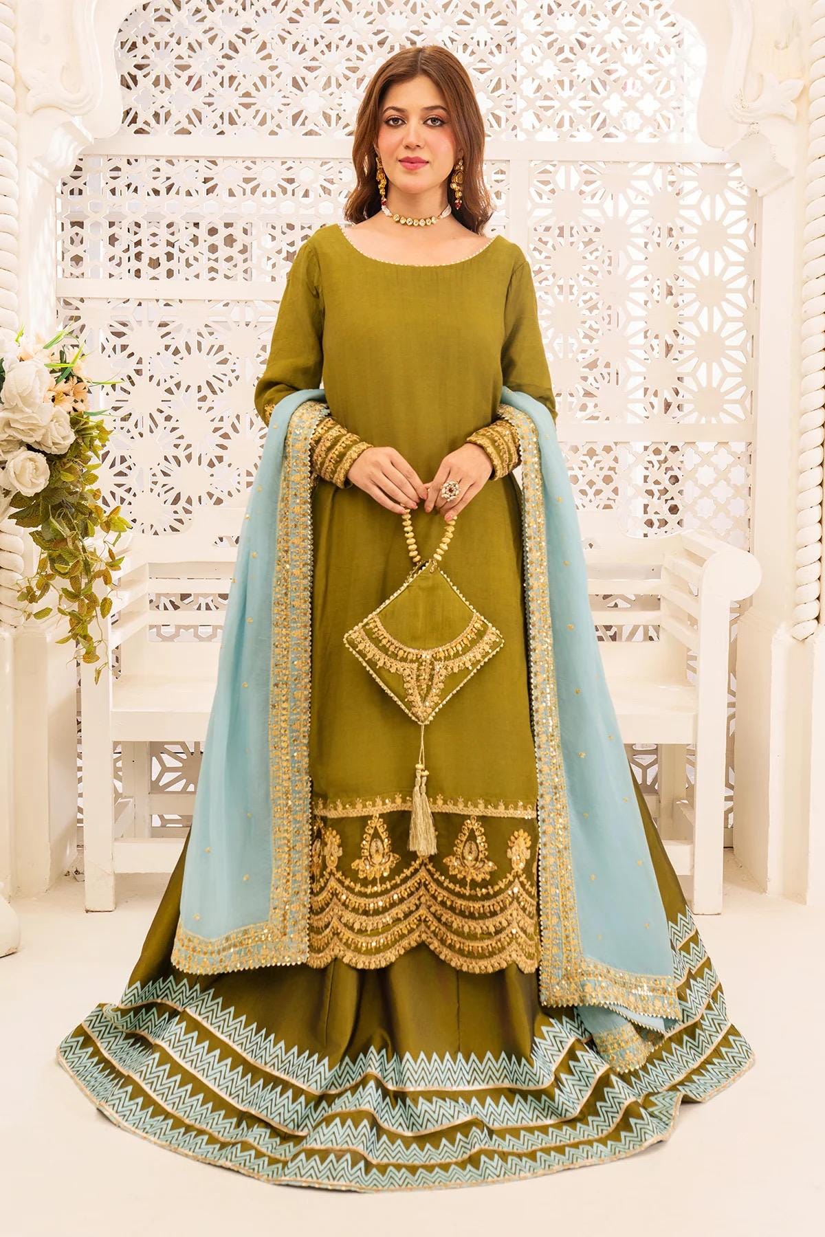 Embroidered Silk Pakistani Dress: Olive Green Lehenga, Chiffon Dupatta