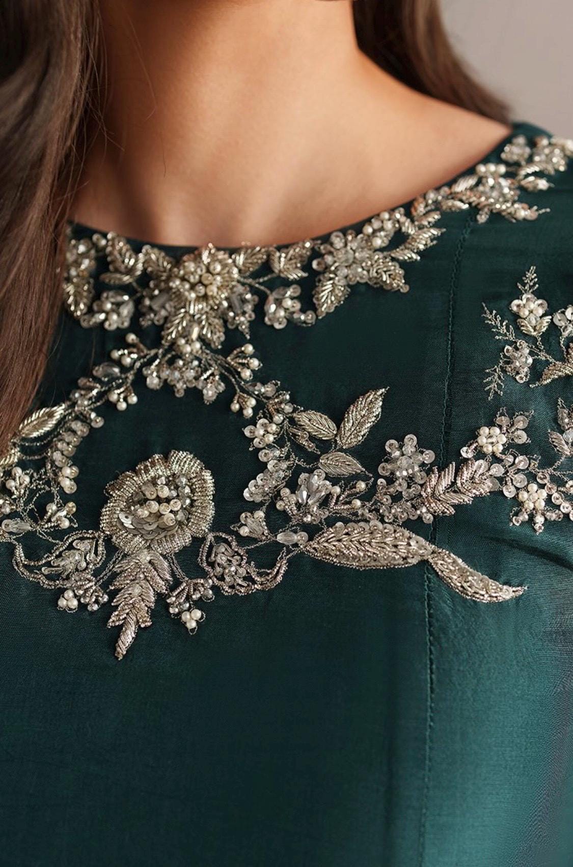 Peacock Green Silk Kameez Shalwar, Hand-Embellished Mirror Work 3pc Outfit