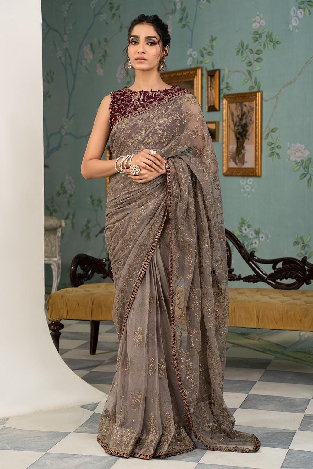 Maroon & Grey Sequin Embroidered Saree with Blouse