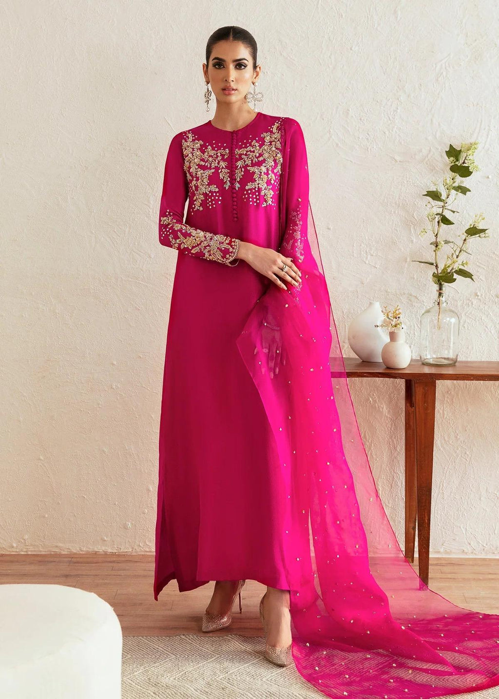 Embroidered Hot Pink Pakistani Suit: Raw Silk Wedding Party Wear