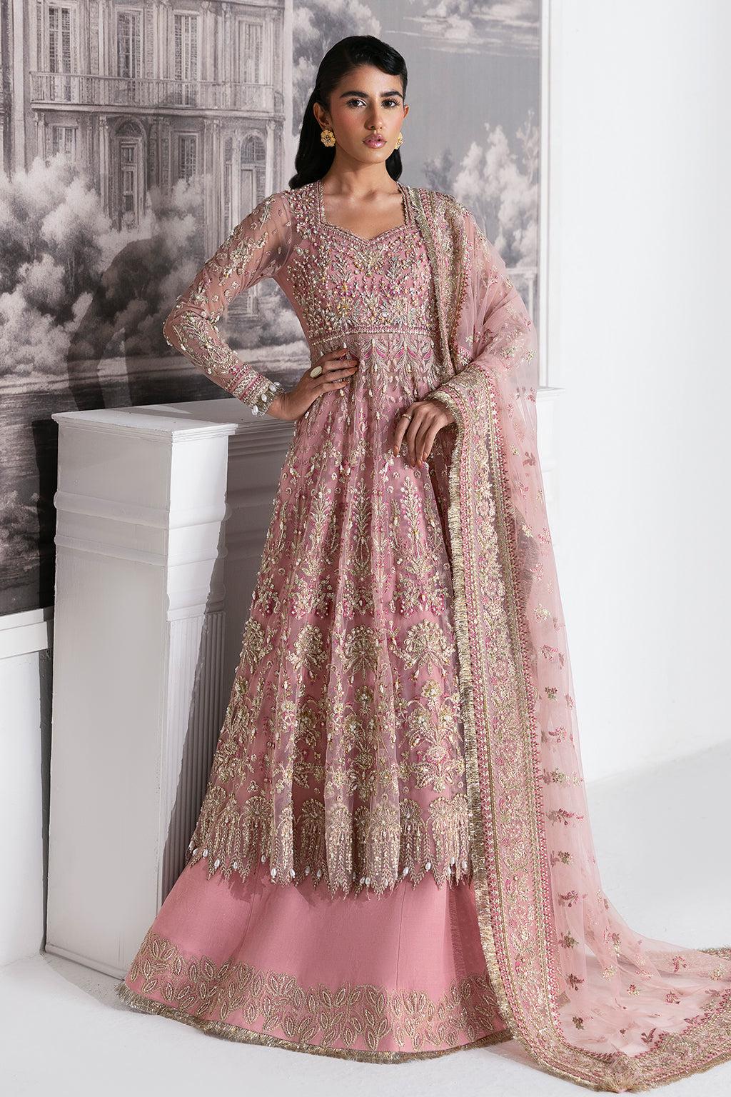 Tea Pink Embroidered Kamdani Maxi Dress: Pakistani Bridal Lengha
