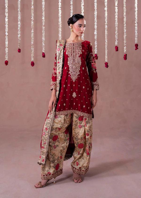 Embroidered Silk Shalwar Suit, Red Farshi Dress, Organza Dupatta