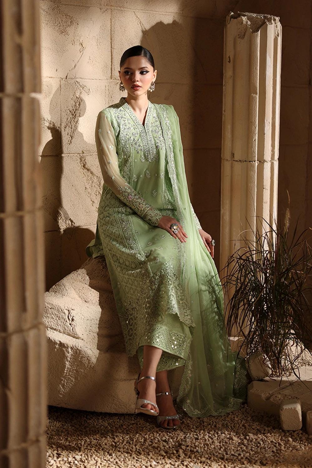 light green Chiffon Pakistani Bridal Suit: Embroidered Net Dress