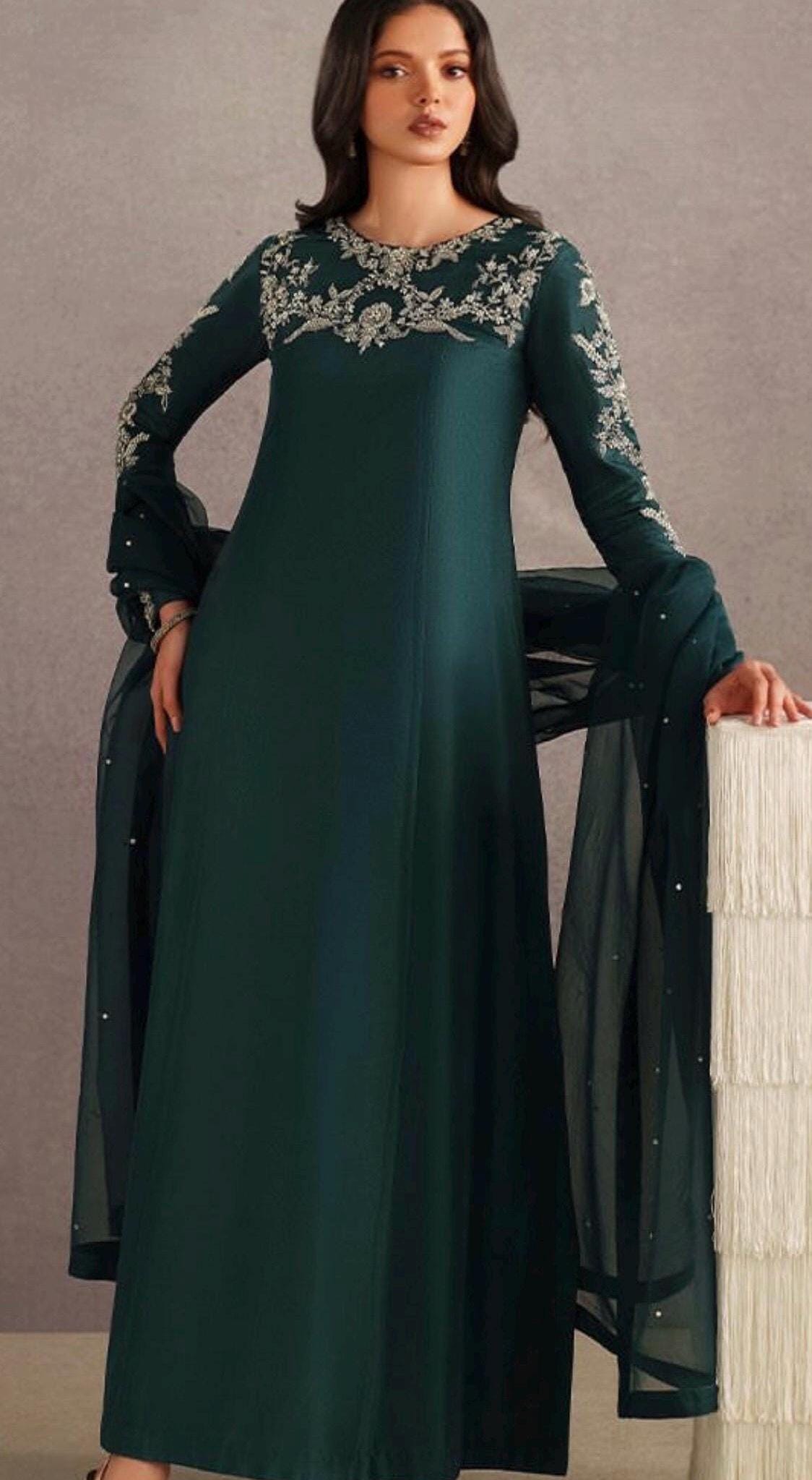 Peacock Green Silk Kameez Shalwar, Hand-Embellished Mirror Work 3pc Outfit