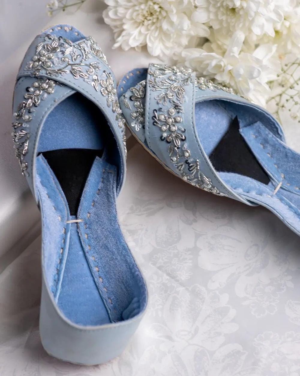 Handmade Ocean Blue Velvet Jutti: Embellished Punjabi Mojari Flats