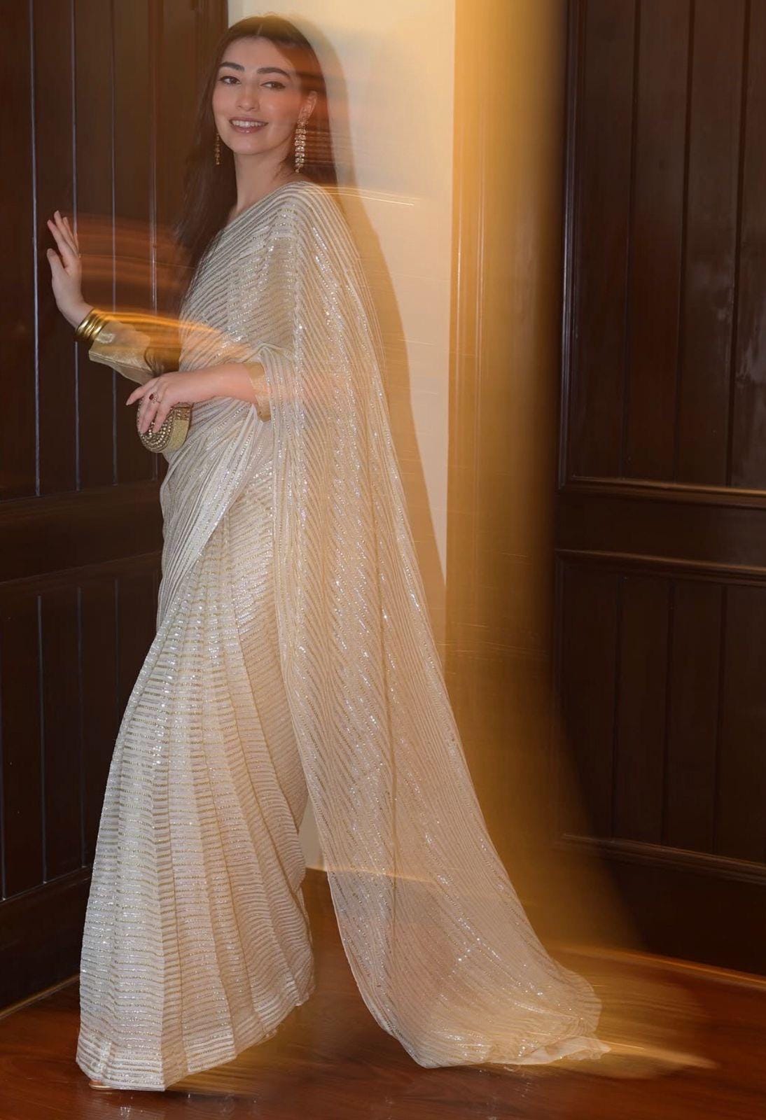 White Sequin Saree, Indian Party Wear, Matching Blouse