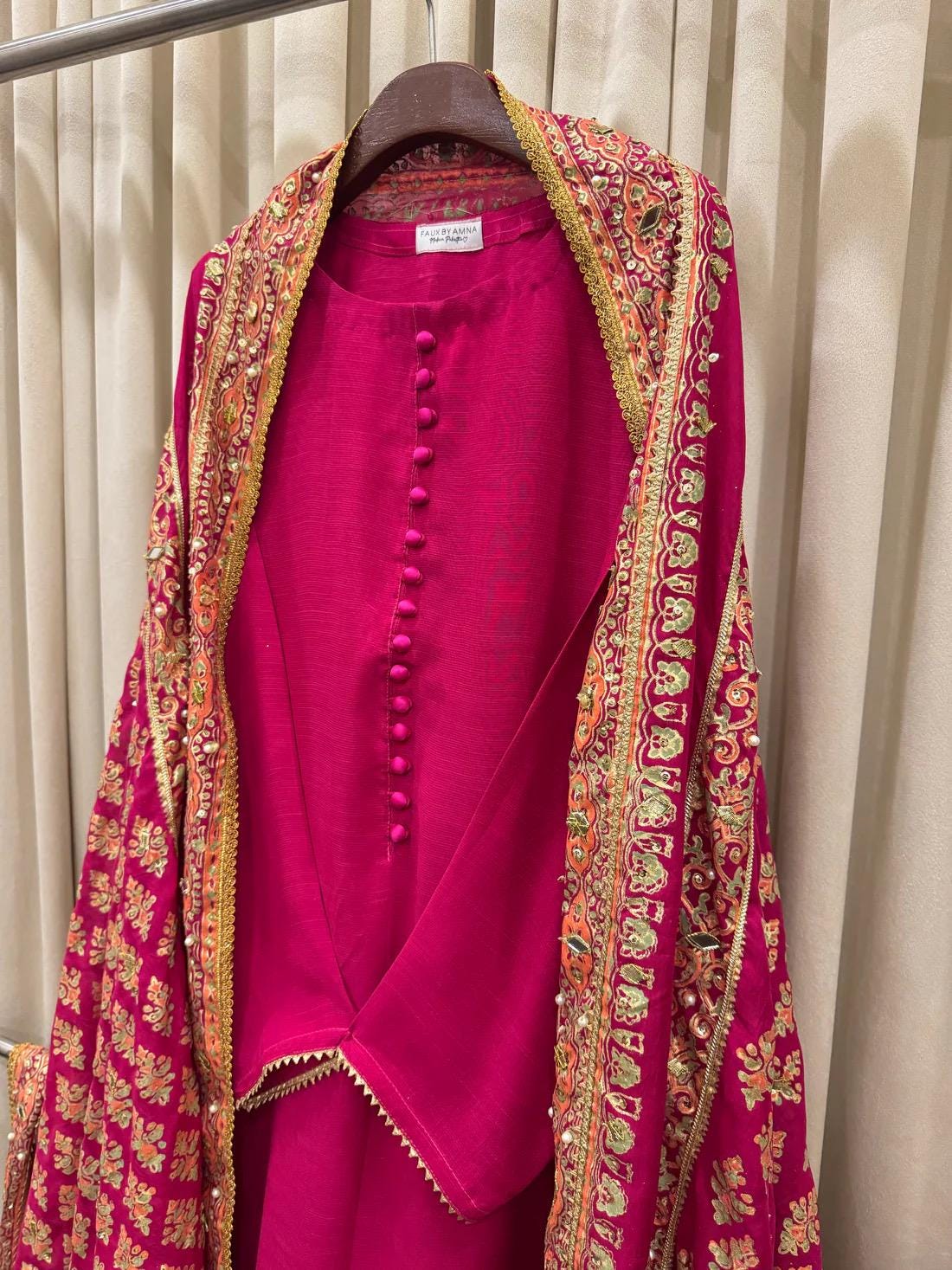 Shocking Pink Raw Silk Shalwar Kameez, Hand-Embellished Dupatta