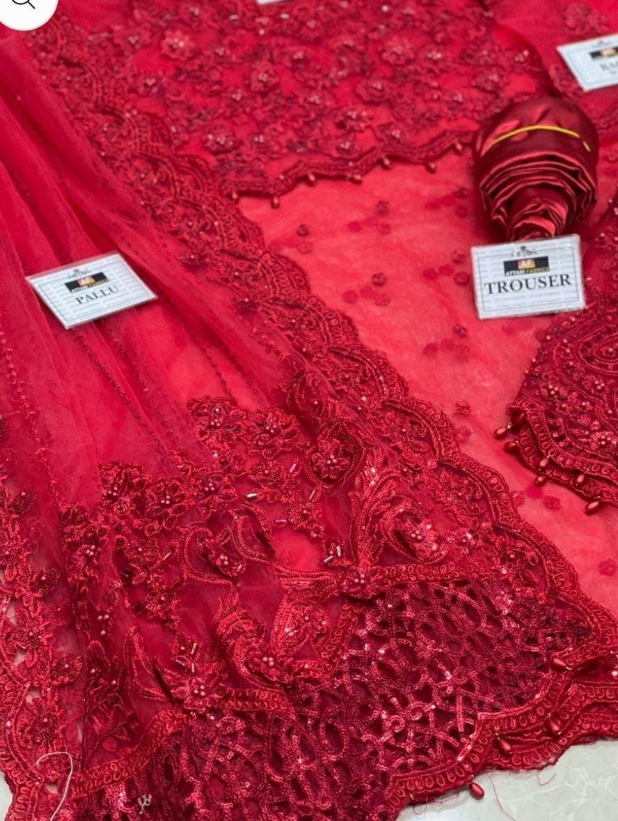 Red Sequin Embroidered Chiffon Saree, Indian Party Wear