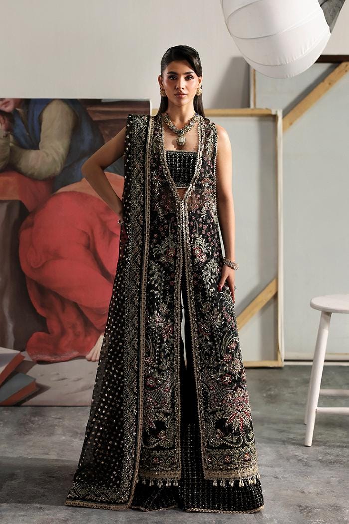 Embroidered Black Organza Pakistani Dress, Velvet Trouser 3pc Suit