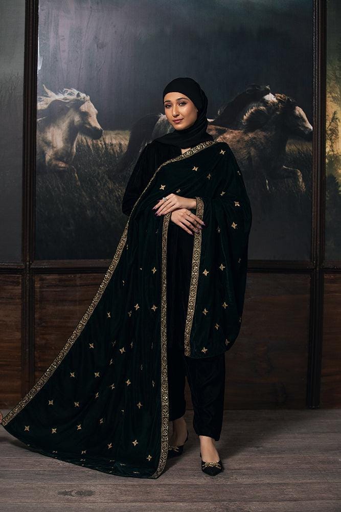 green twinkle  Velvet Bridal Shawl, Kashmiri Style