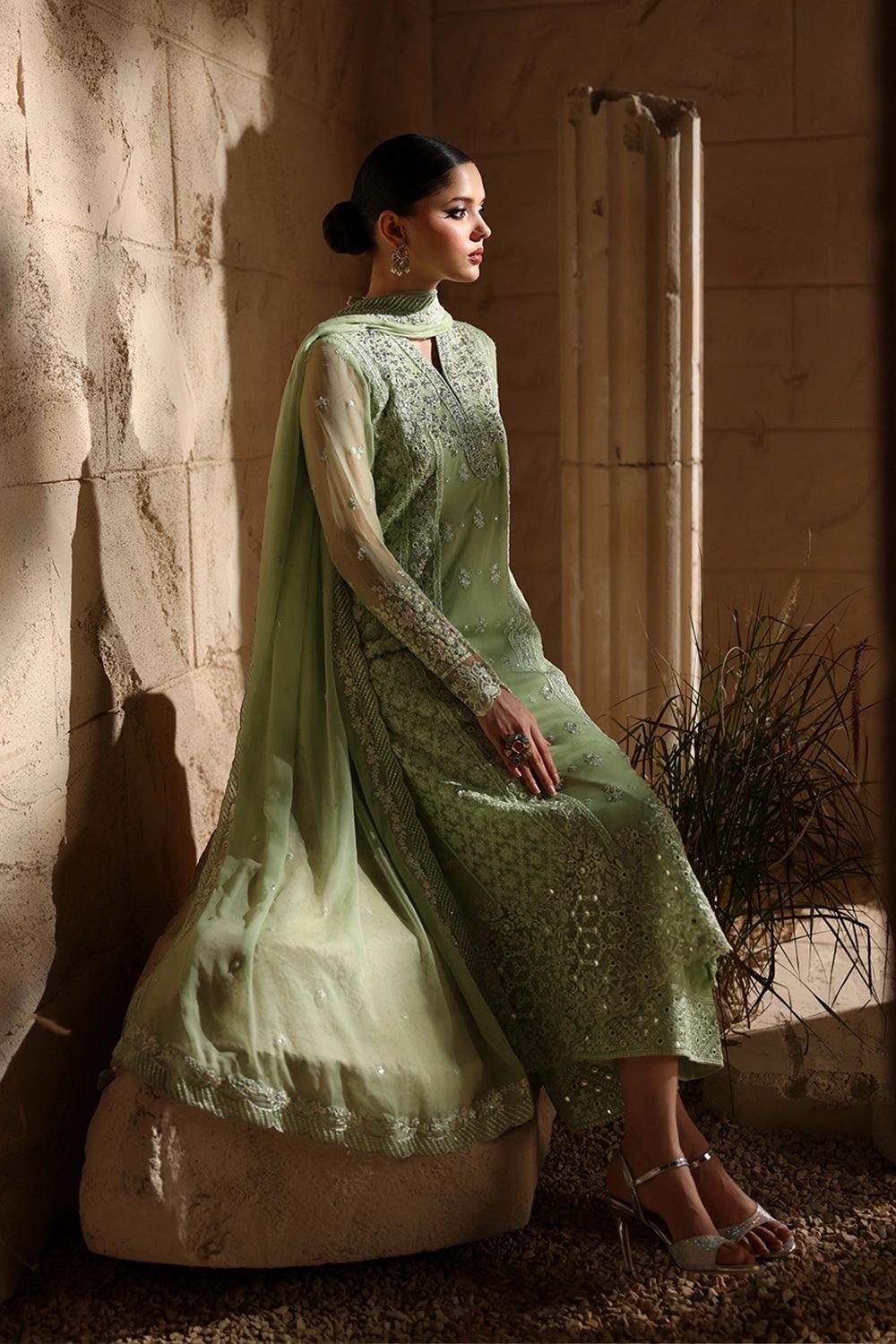 light green Chiffon Pakistani Bridal Suit: Embroidered Net Dress