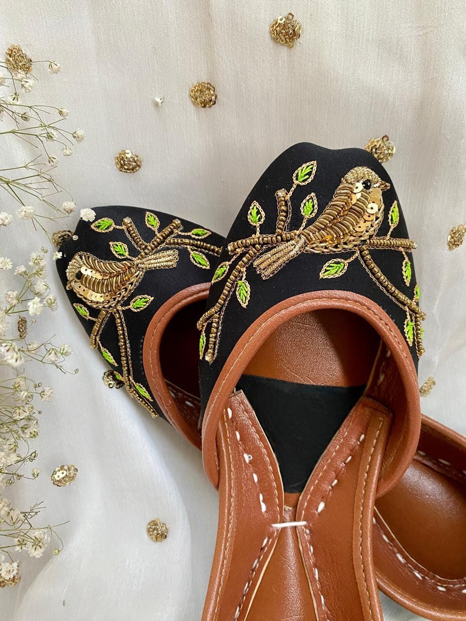 Handmade Red Bridal Khussa: Embroidered Bird Jutti Shoes