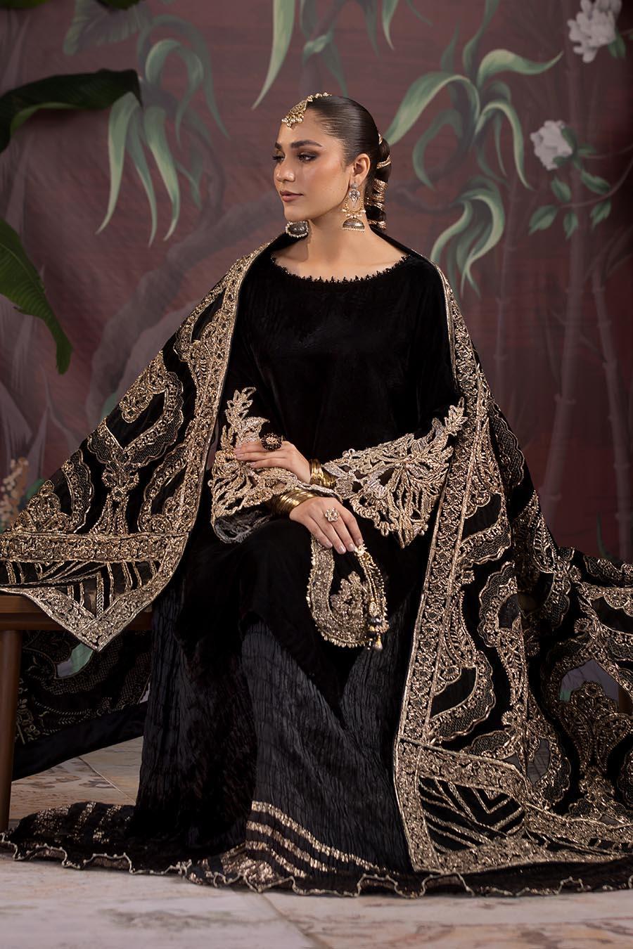 Black Velvet Bridal Shawl, Gold Embroidered Cutwork, Pakistani Designer