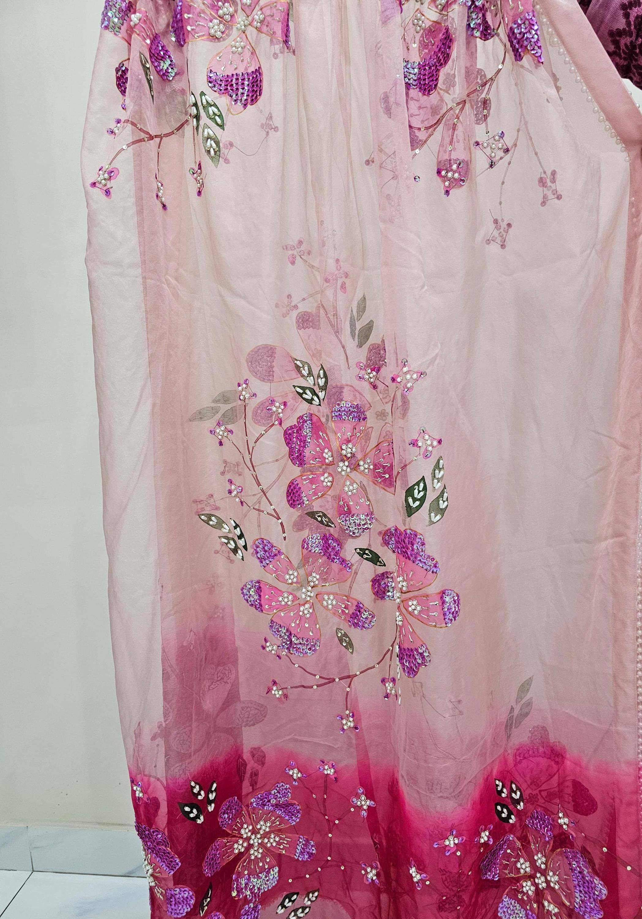 Hand-Painted Floral Organza Dupatta: Pink Tie-Dye, Festive Wear