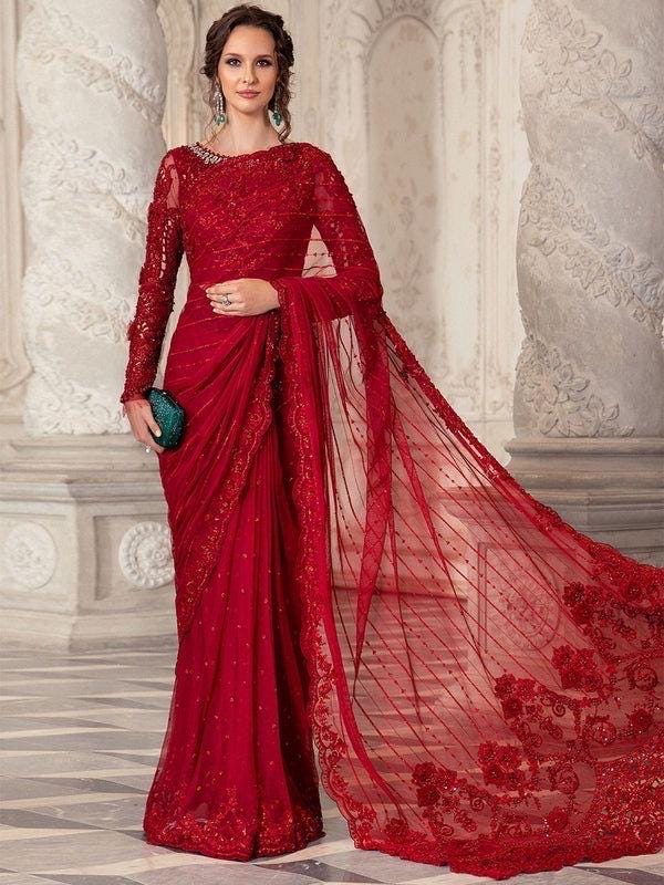 Red Sequin Embroidered Chiffon Saree, Indian Party Wear