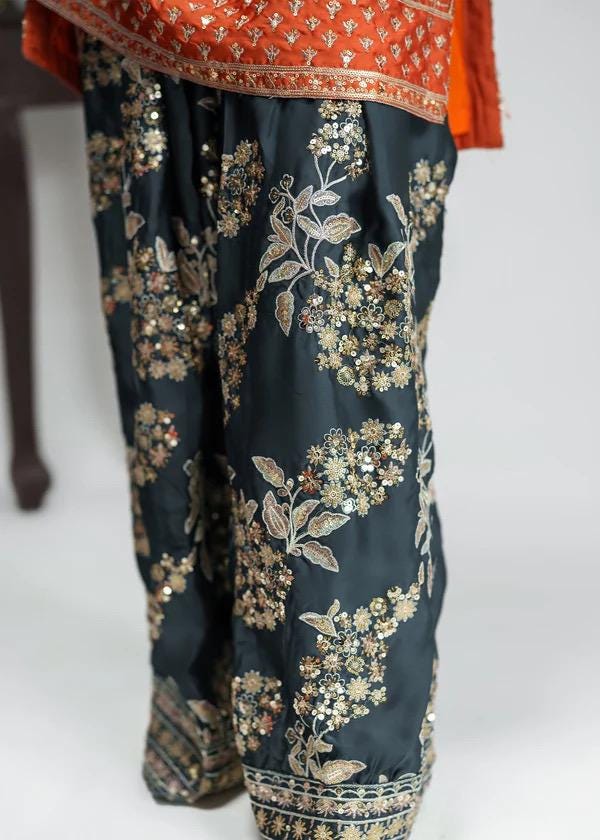 Embroidered Silk Shalwar Suit, Orange Chiffon Farshi Dress, Organza Dupatta