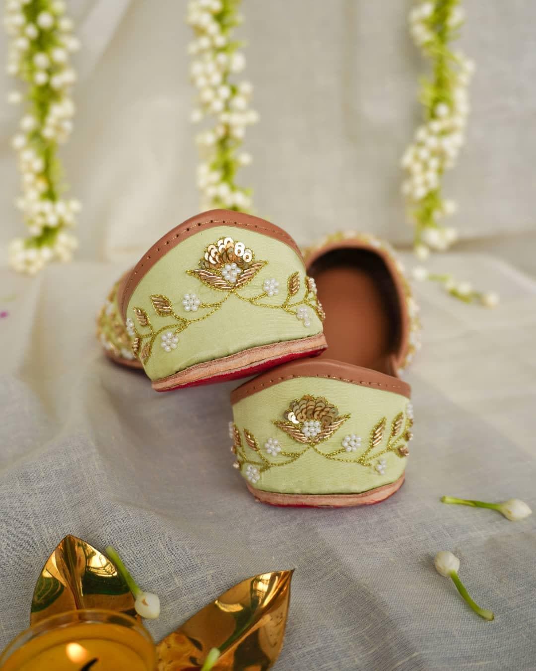 Bridal Khussa Flats: Mint Green & Gold Jutti, Handcrafted Pakistani Wedding Shoes