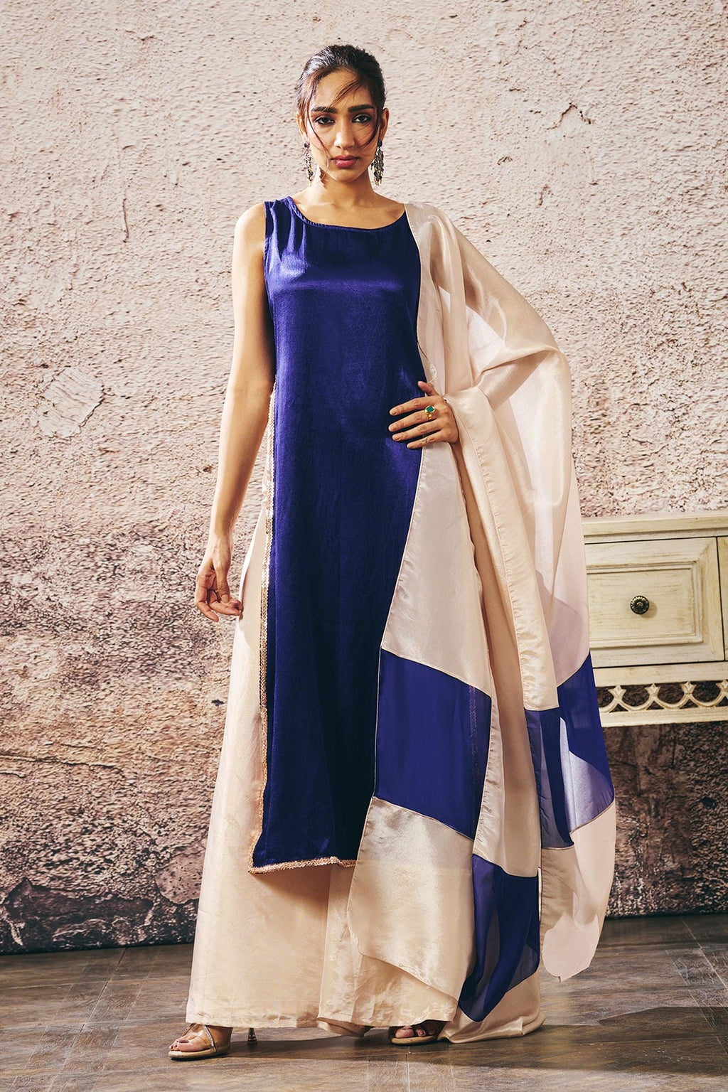 Blue Tissue, Linen Sequins Boat Neck Border Embroidered Kurta Set