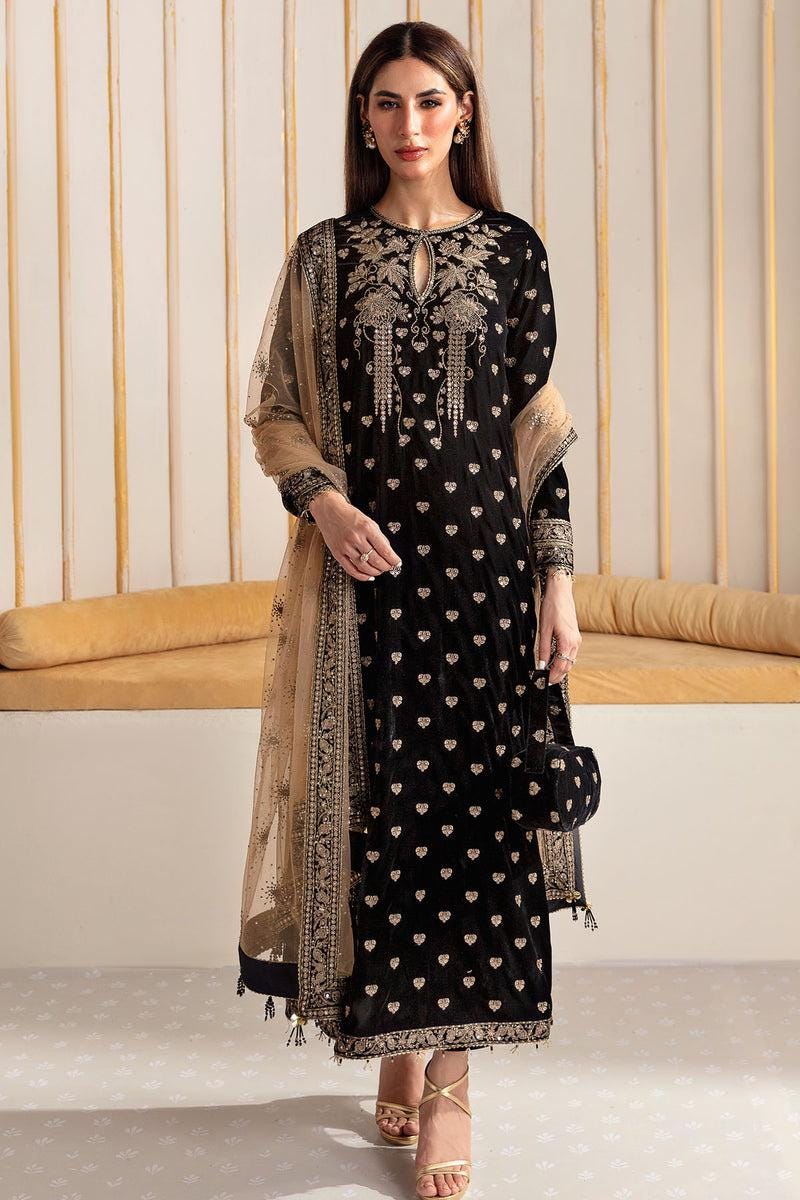 Embroidered Black Velvet 3pc Suit: Pakistani Wedding Collection