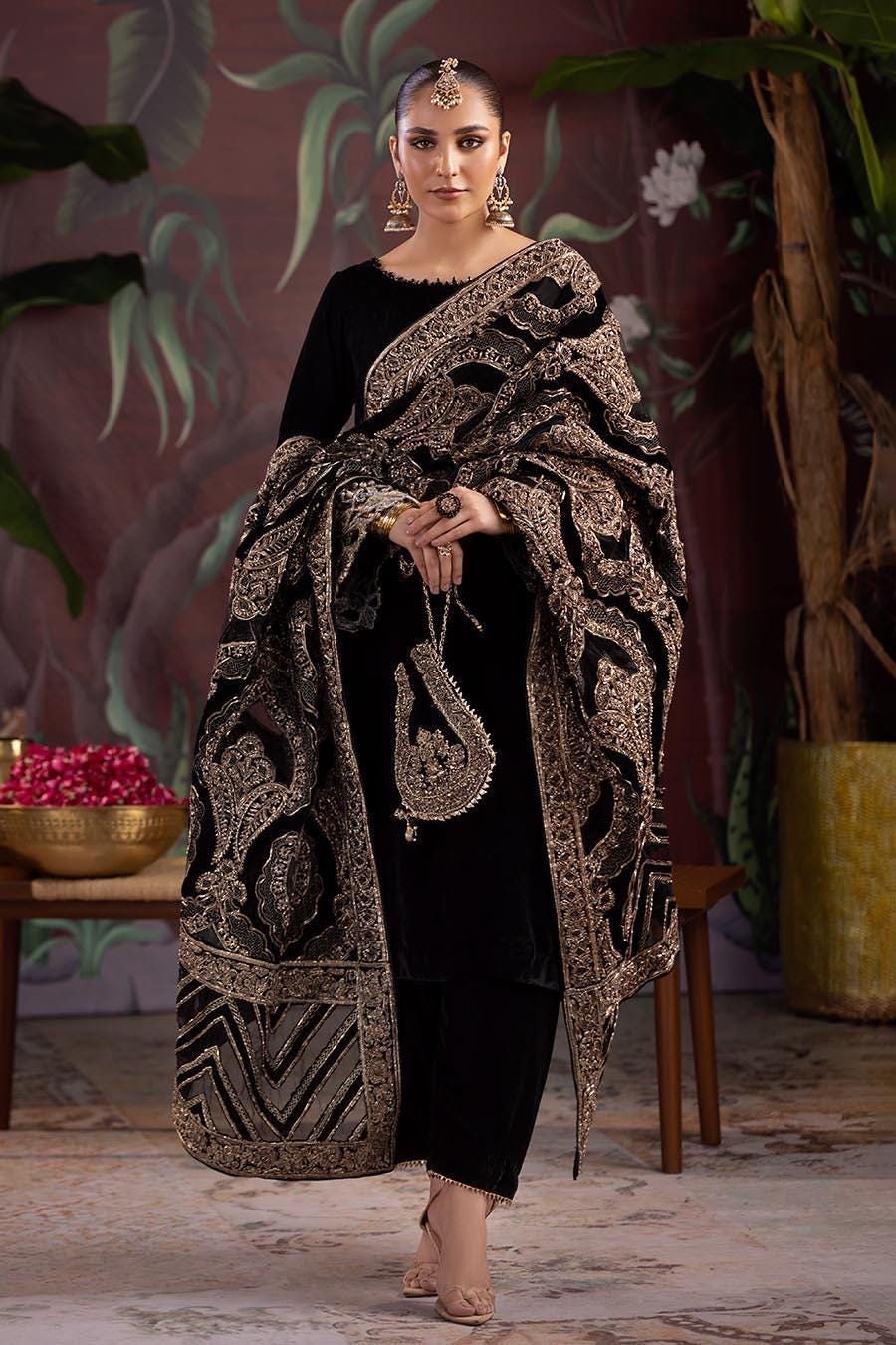 Black Velvet Bridal Shawl, Gold Embroidered Cutwork, Pakistani Designer