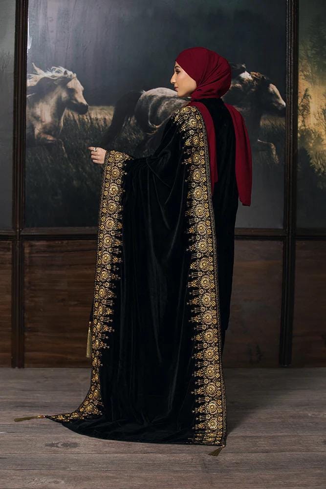 Gold Zari Tilla Black Velvet Bridal Shawl, Kashmiri Style