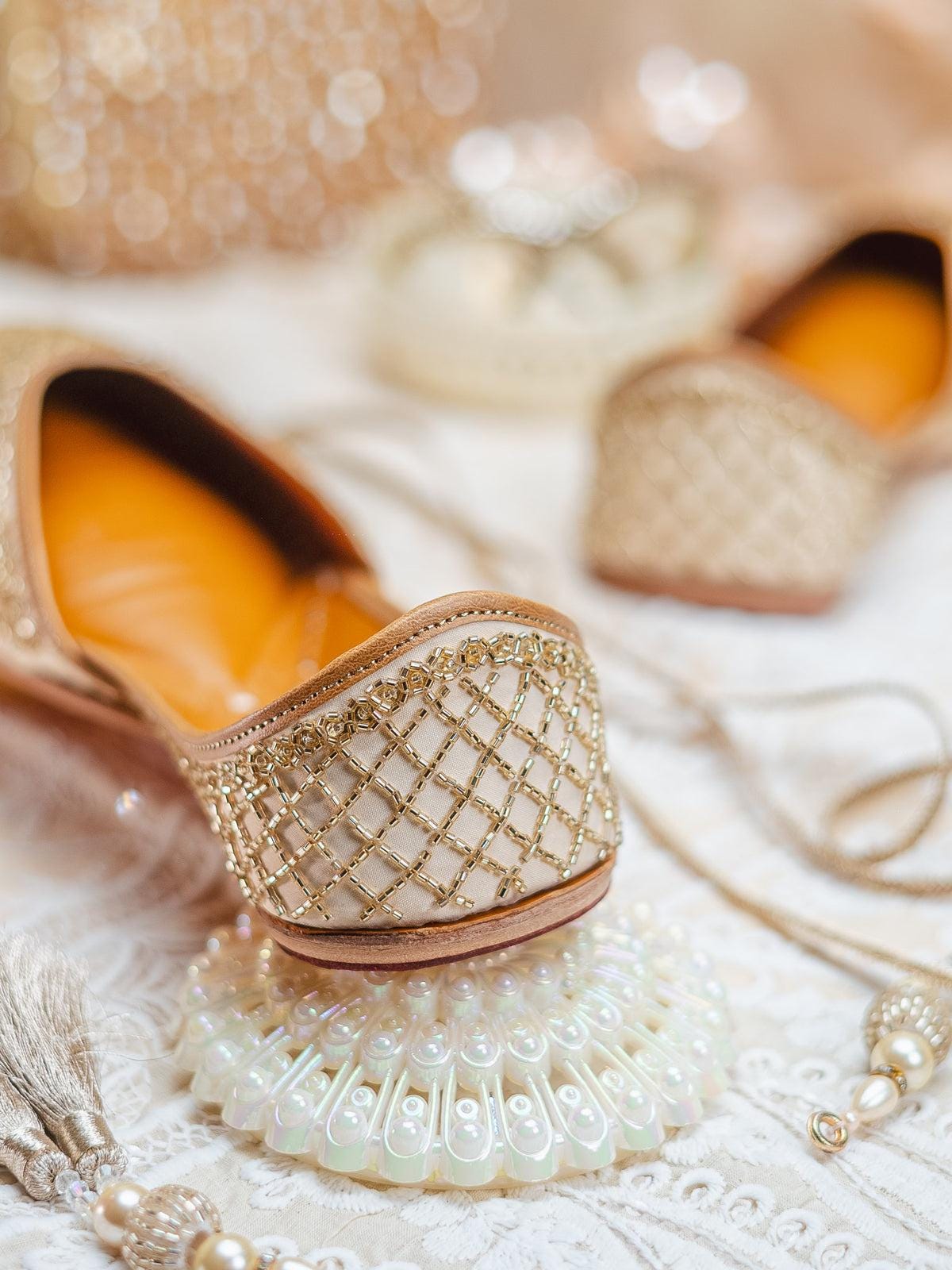 Gold Toned Jutti: Indian Wedding Khussa Flats, Punjabi Shoes