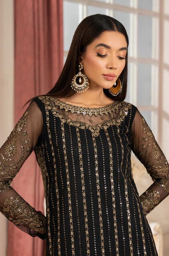 Embroidered Net Shirt & Raw Silk Trouser: Indian Formal Dress