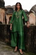 Green Raw Silk Farshi Shalwar Kameez: Indian Wedding Outfit with Organza Dupatta