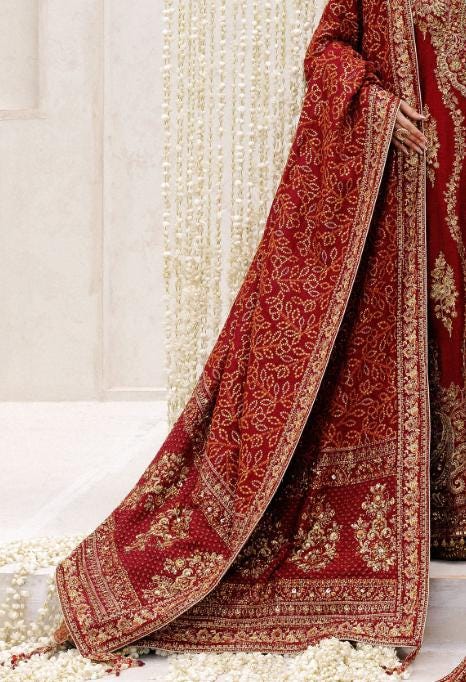 Red Silk Wedding Shawl: Kamdani Embroidered Paisley, Indian Bridal