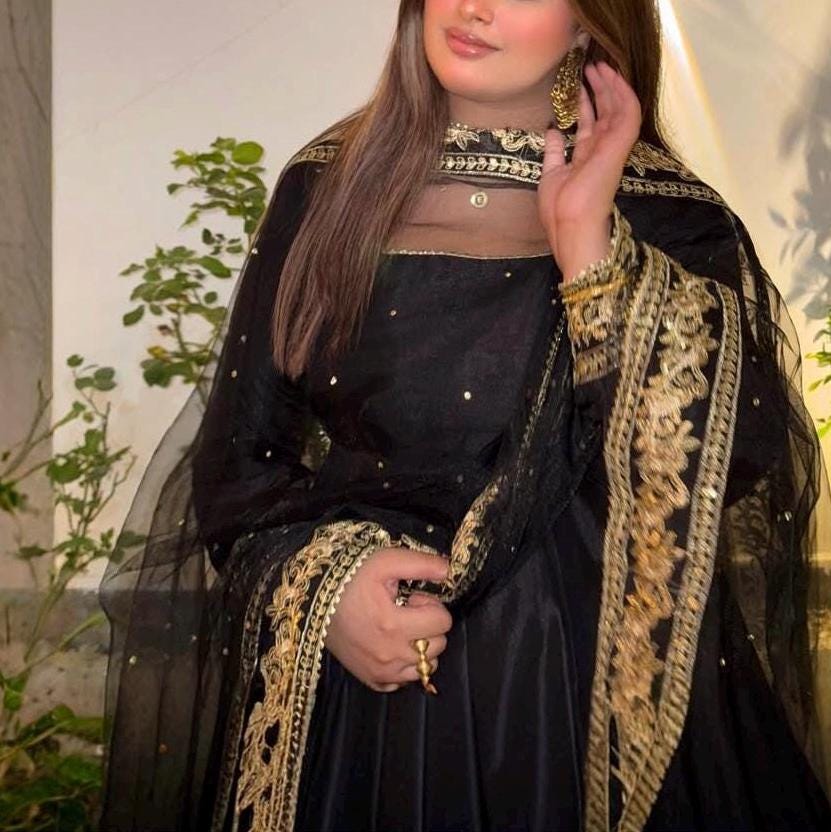 Black Silk Maxi Dress, Tilla Embroidery, Net Dupatta, Pakistani Indian
