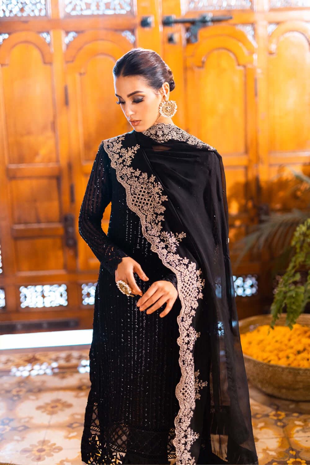 Black Chiffon Pakistani Suit: Embroidered Net Frock, Silk Trousers