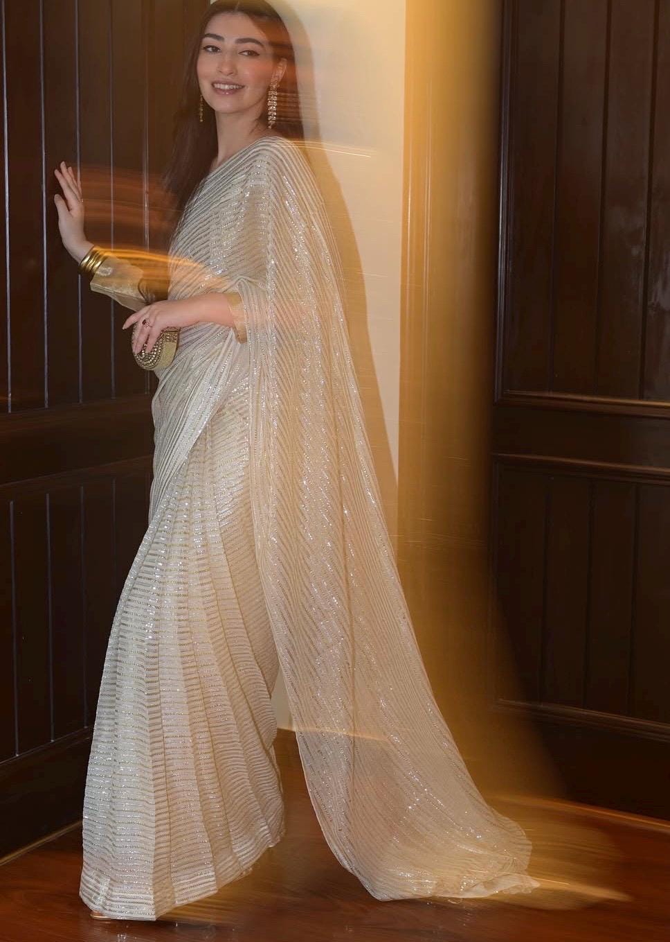 White Sequin Saree, Indian Party Wear, Matching Blouse