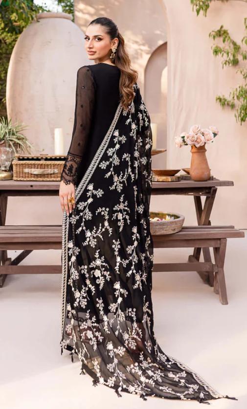 Embroidered Black Chiffon Pakistani Suit: Silk Trousers, Dupatta