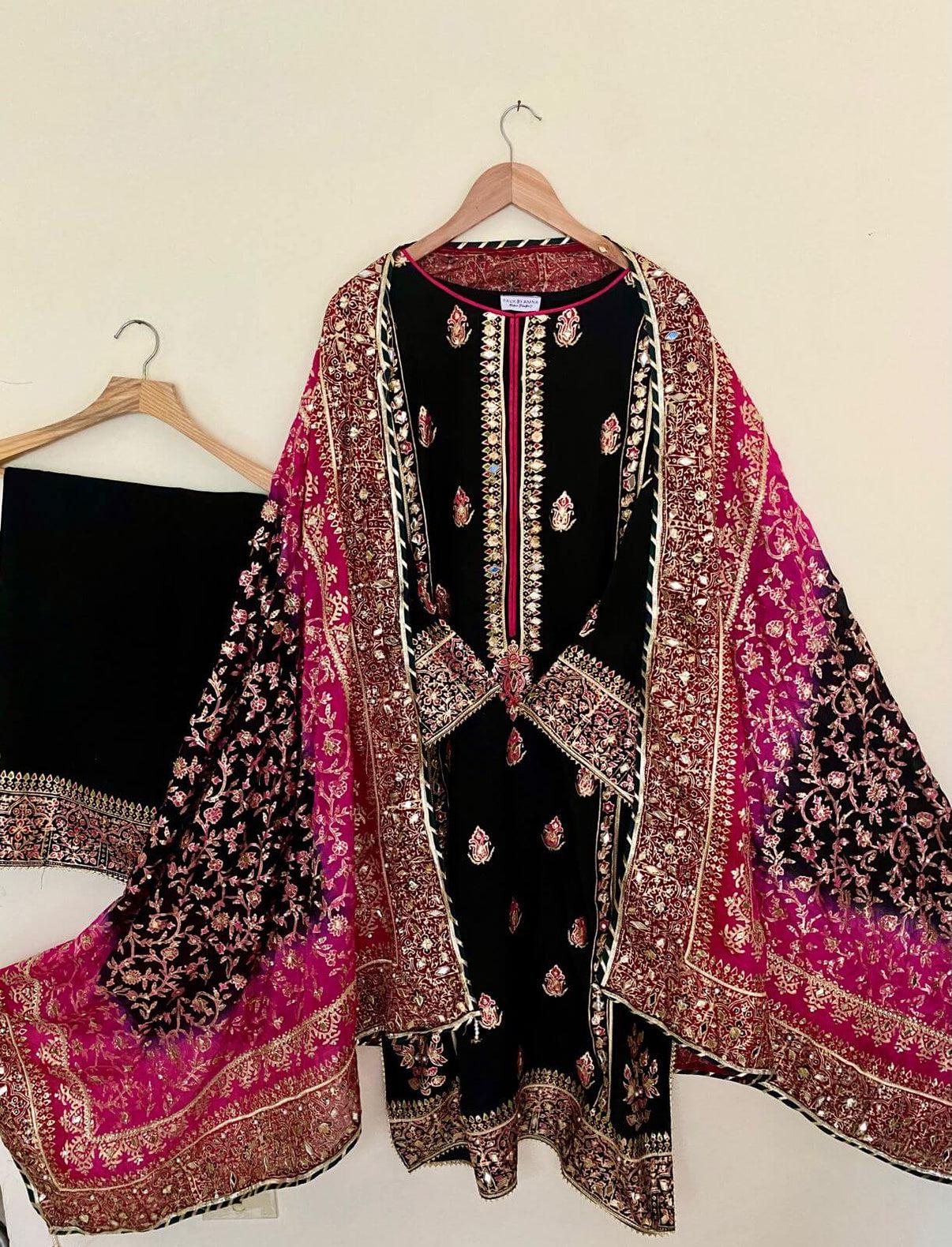 Black Silk Suit with Three-Shaded Chunari Dupatta: Mukesh Work, Golden Border