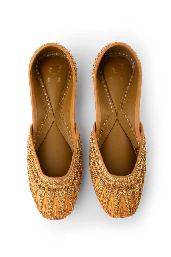 Handmade Zari Kora Work Jutti, Rust Gold Silk Khussa Flats
